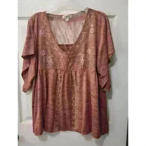 Women's One World Deep Orange Lace Back Floral Short Sleeve Shirt. Size XL